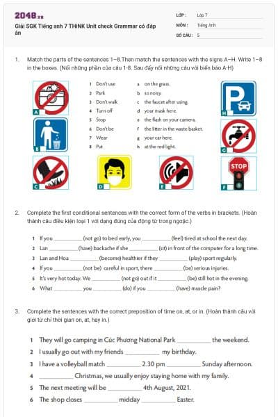 Giải SGK Tiếng anh 7 THiNK Unit check Grammar có đáp án