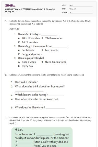 Giải SGK Tiếng anh 7 THiNK Review Units 1 & 2 trang 34 có đáp án