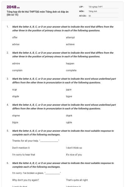 Tổng hợp đề thi thử THPTQG môn Tiếng Anh có đáp án (Đề số 15)