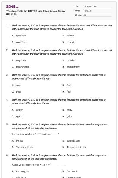 Tổng hợp đề thi thử THPTQG môn Tiếng Anh có đáp án (Đề số 14)