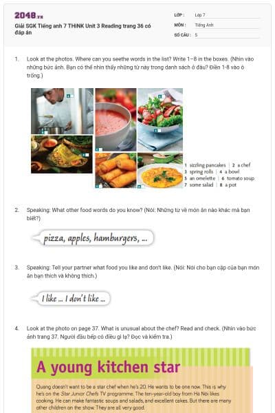 Giải SGK Tiếng anh 7 THiNK Unit 3 Reading trang 36 có đáp án