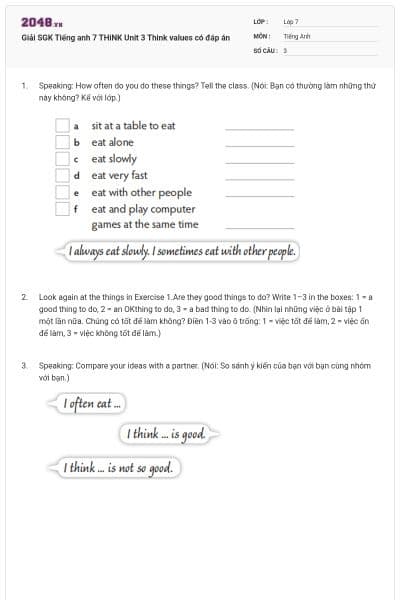 Giải SGK Tiếng anh 7 THiNK Unit 3 Think values có đáp án
