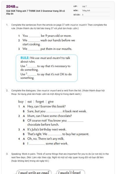 Giải SGK Tiếng anh 7 THiNK Unit 3 Grammar trang 38 có đáp án