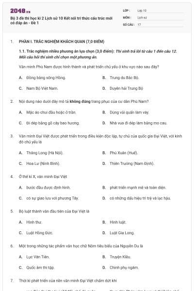 Bộ 3 đề thi học kì 2 Lịch sử 10 Kết nối tri thức cấu trúc mới có đáp án - Đề 1