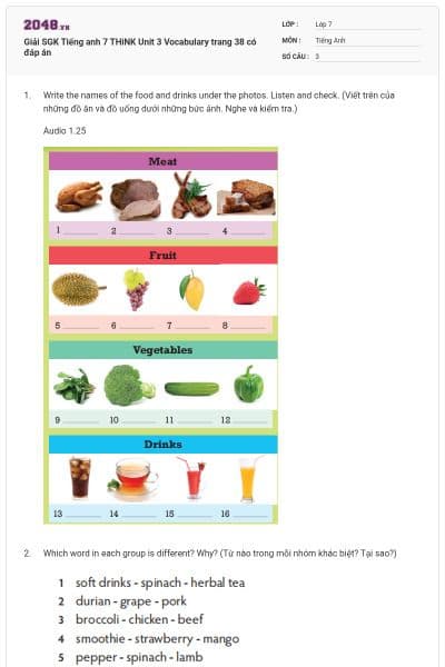 Giải SGK Tiếng anh 7 THiNK Unit 3 Vocabulary trang 38 có đáp án