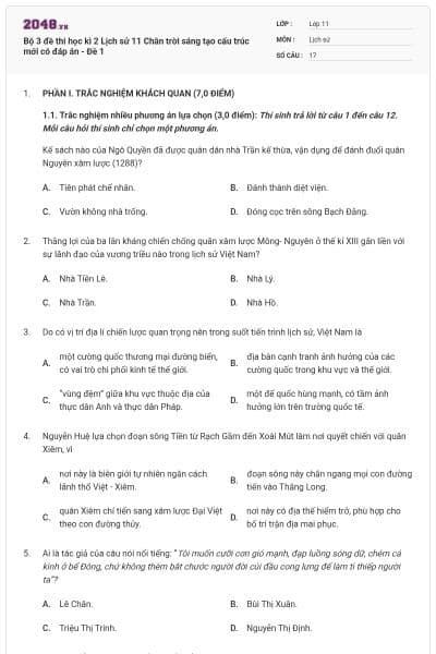 Bộ 3 đề thi học kì 2 Lịch sử 11 Chân trời sáng tạo cấu trúc mới có đáp án - Đề 1