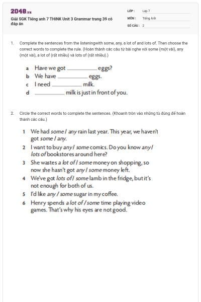 Giải SGK Tiếng anh 7 THiNK Unit 3 Grammar trang 39 có đáp án