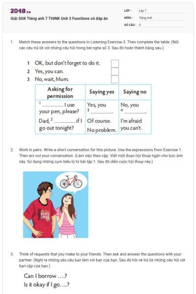 Giải SGK Tiếng anh 7 THiNK Unit 3 Functions có đáp án
