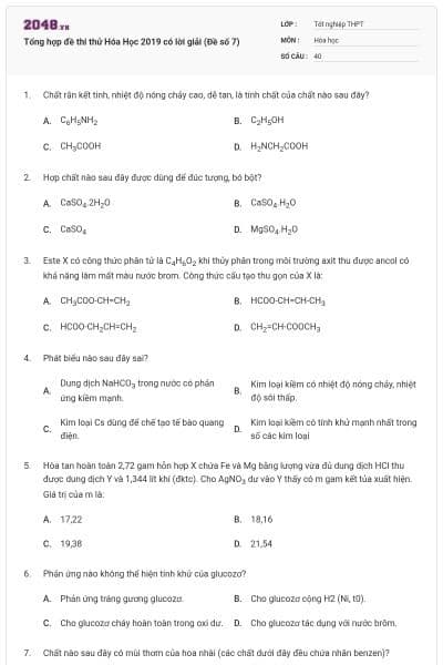 Tổng hợp đề thi thử Hóa Học 2019 có lời giải (Đề số 7)