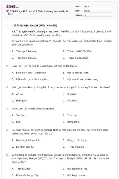 Bộ 3 đề thi học kì 2 Lịch sử 9 Chân trời sáng tạo có đáp án - Đề 1