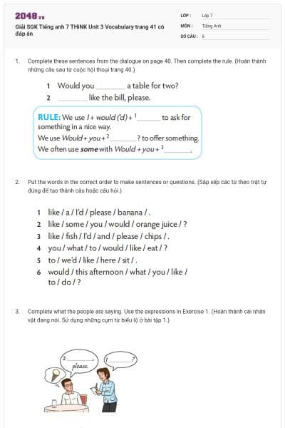 Giải SGK Tiếng anh 7 THiNK Unit 3 Vocabulary trang 41 có đáp án