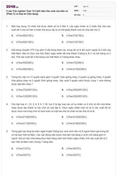 5 câu Trắc nghiệm Toán 10 Cánh diều Xác suất của biến cố (Phần 2) có đáp án (Vận dụng)