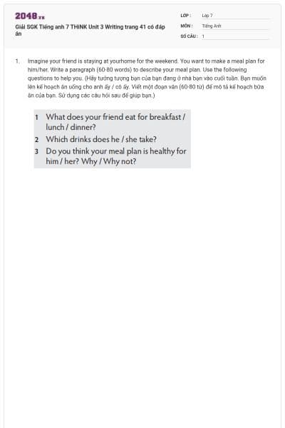 Giải SGK Tiếng anh 7 THiNK Unit 3 Writing trang 41 có đáp án