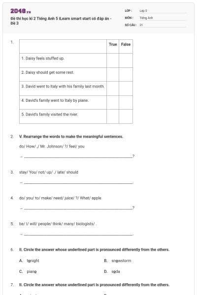 Đề thi học kì 2 Tiếng Anh 5 iLearn smart start có đáp án - Đề 3