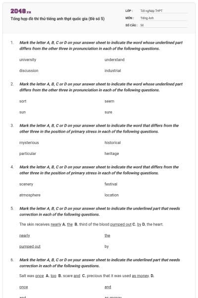 Tổng hợp đề thi thử tiếng anh thpt quốc gia (Đề số 5)
