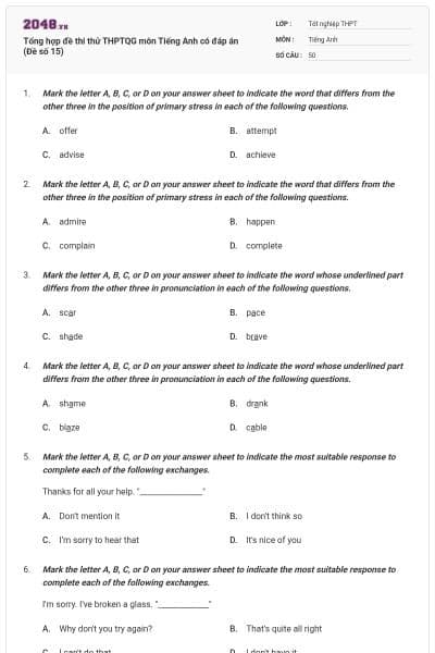 Tổng hợp đề thi thử THPTQG môn Tiếng Anh có đáp án (Đề số 15)