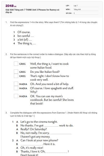 Giải SGK Tiếng anh 7 THiNK Unit 3 Phrases for fluency có đáp án