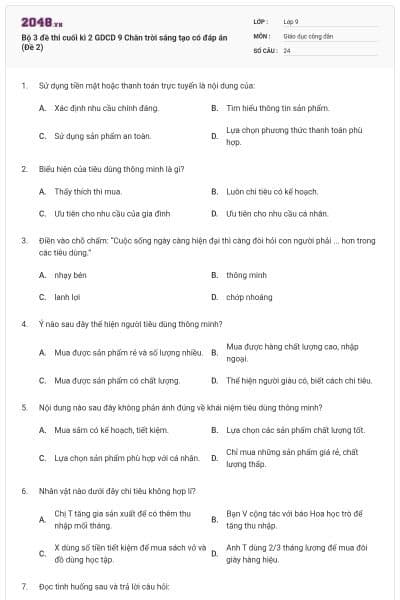 Bộ 3 đề thi cuối kì 2 GDCD 9 Chân trời sáng tạo có đáp án (Đề 2)