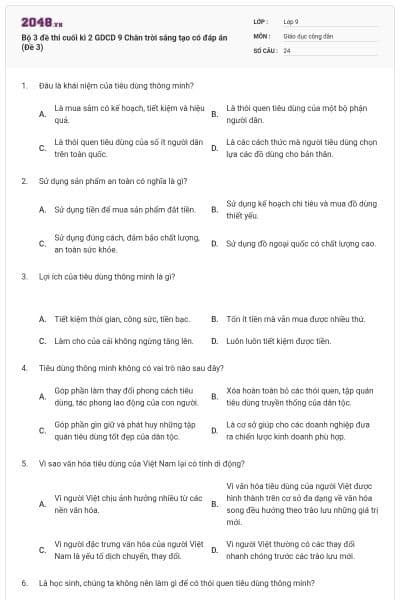 Bộ 3 đề thi cuối kì 2 GDCD 9 Chân trời sáng tạo có đáp án (Đề 3)