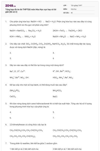 Tổng hợp đề ôn thi THPTQG môn Hóa Học cực hay có lời giải (Đề số 2)