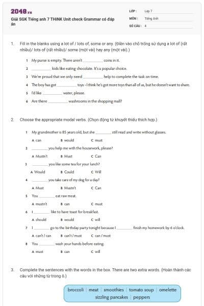 Giải SGK Tiếng anh 7 THiNK Unit check Grammar có đáp án