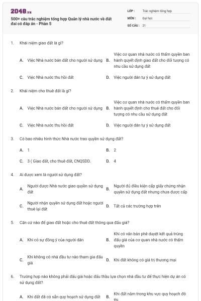 500+ câu trắc nghiệm tổng hợp Quản lý nhà nước về đất đai có đáp án - Phần 5