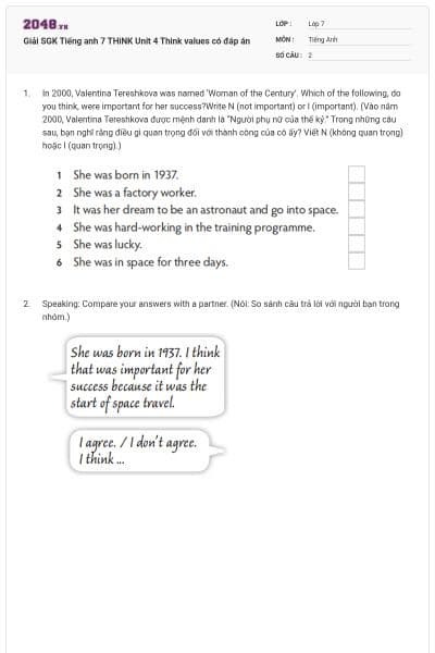 Giải SGK Tiếng anh 7 THiNK Unit 4 Think values có đáp án