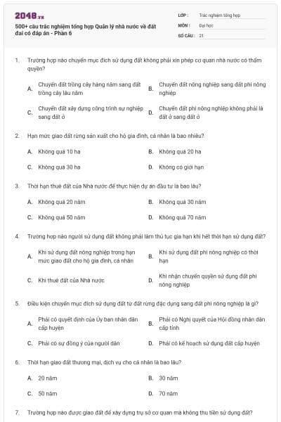 500+ câu trắc nghiệm tổng hợp Quản lý nhà nước về đất đai có đáp án - Phần 6