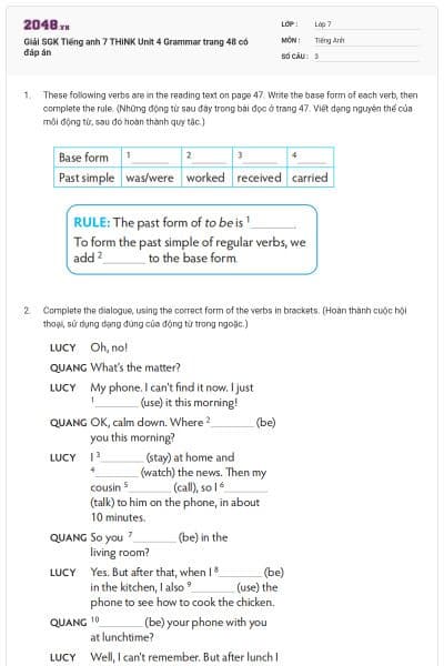 Giải SGK Tiếng anh 7 THiNK Unit 4 Grammar trang 48 có đáp án