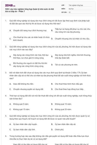 500+ câu trắc nghiệm tổng hợp Quản lý nhà nước về đất đai có đáp án - Phần 7