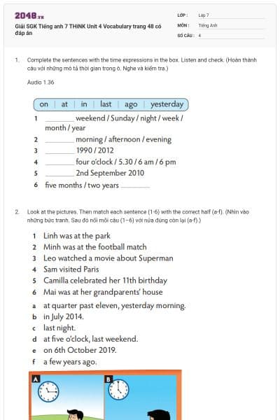 Giải SGK Tiếng anh 7 THiNK Unit 4 Vocabulary trang 48 có đáp án