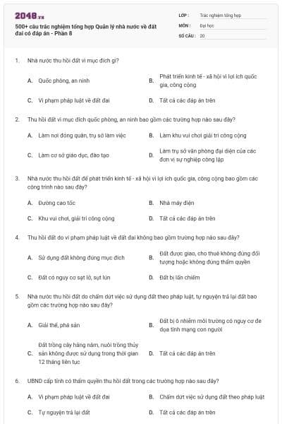 500+ câu trắc nghiệm tổng hợp Quản lý nhà nước về đất đai có đáp án - Phần 8