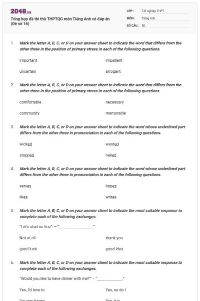 Tổng hợp đề thi thử THPTQG môn Tiếng Anh có đáp án (Đề số 16)