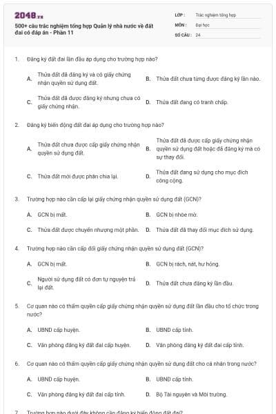 500+ câu trắc nghiệm tổng hợp Quản lý nhà nước về đất đai có đáp án - Phần 11