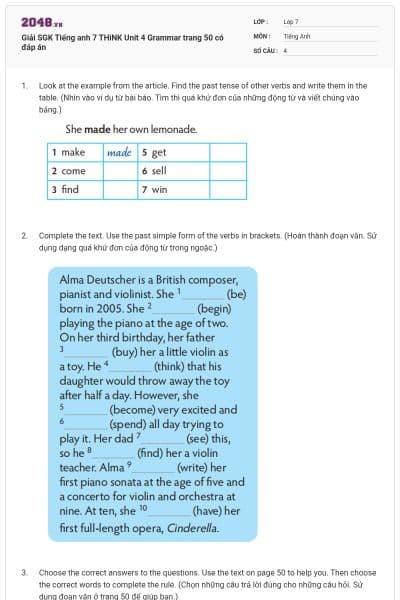Giải SGK Tiếng anh 7 THiNK Unit 4 Grammar trang 50 có đáp án