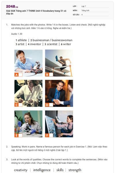 Giải SGK Tiếng anh 7 THiNK Unit 4 Vocabulary trang 51 có đáp án