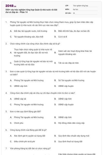 500+ câu trắc nghiệm tổng hợp Quản lý nhà nước về đất đai có đáp án - Phần 14