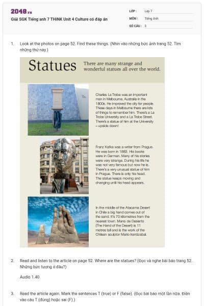 Giải SGK Tiếng anh 7 THiNK Unit 4 Culture có đáp án