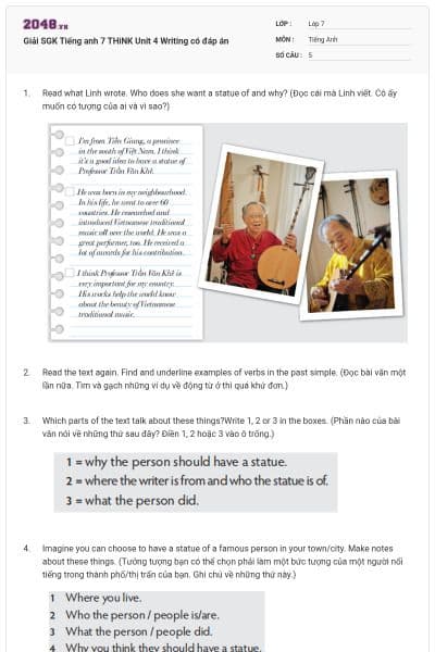 Giải SGK Tiếng anh 7 THiNK Unit 4 Writing có đáp án