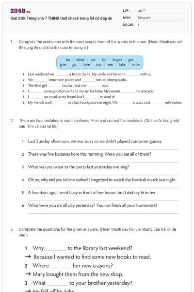 Giải SGK Tiếng anh 7 THiNK Unit check trang 54 có đáp án