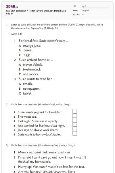Giải SGK Tiếng anh 7 THiNK Review units 3&4 trang 56 có đáp án