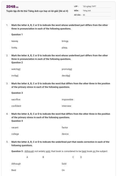 Tuyển tập đề thi thử Tiếng Anh cực hay có lời giải (Đề số 4)