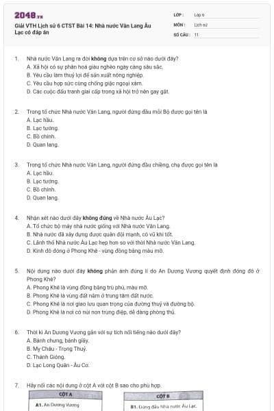 Giải VTH Lịch sử 6 CTST Bài 14: Nhà nước Văn Lang Âu Lạc có đáp án