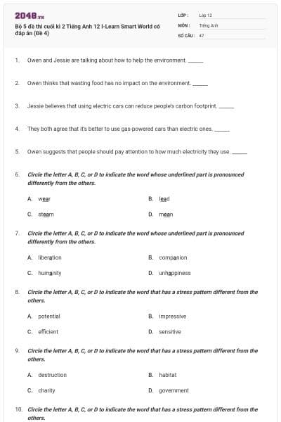 Bộ 5 đề thi cuối kì 2 Tiếng Anh 12 I-Learn Smart World có đáp án (Đề 4)