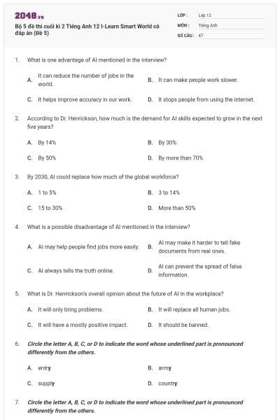 Bộ 5 đề thi cuối kì 2 Tiếng Anh 12 I-Learn Smart World có đáp án (Đề 5)