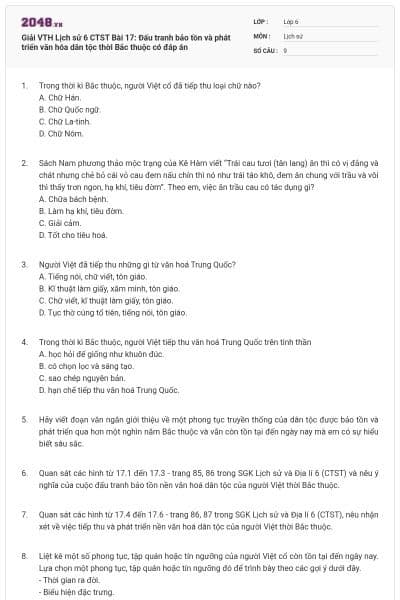 Giải VTH Lịch sử 6 CTST Bài 17: Đấu tranh bảo tồn và phát triển văn hóa dân tộc thời Bắc thuộc có đáp án