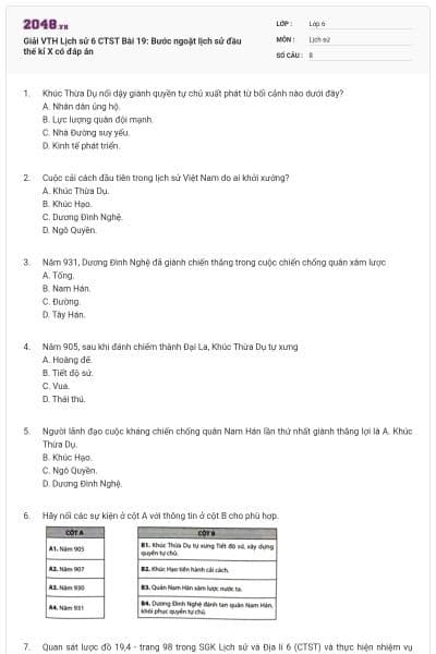 Giải VTH Lịch sử 6 CTST Bài 19: Bước ngoặt lịch sử đầu thế kỉ X có đáp án