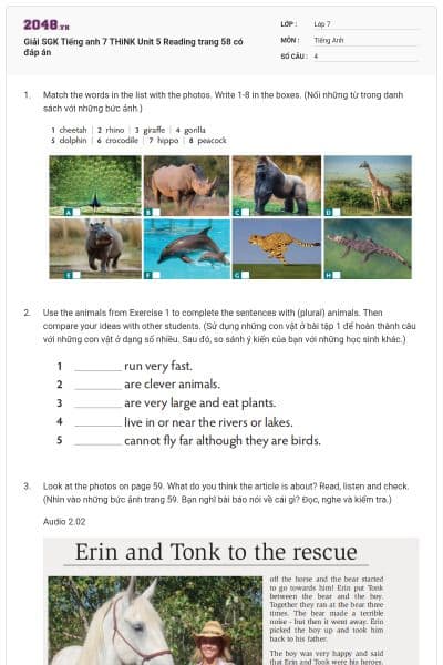 Giải SGK Tiếng anh 7 THiNK Unit 5 Reading trang 58 có đáp án