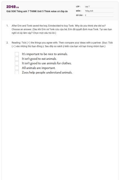 Giải SGK Tiếng anh 7 THiNK Unit 5 Think value có đáp án