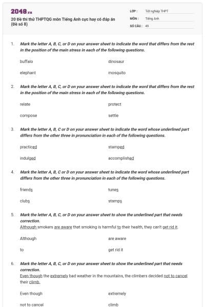 20 Đề thi thử THPTQG môn Tiếng Anh cực hay có đáp án (Đề số 8)